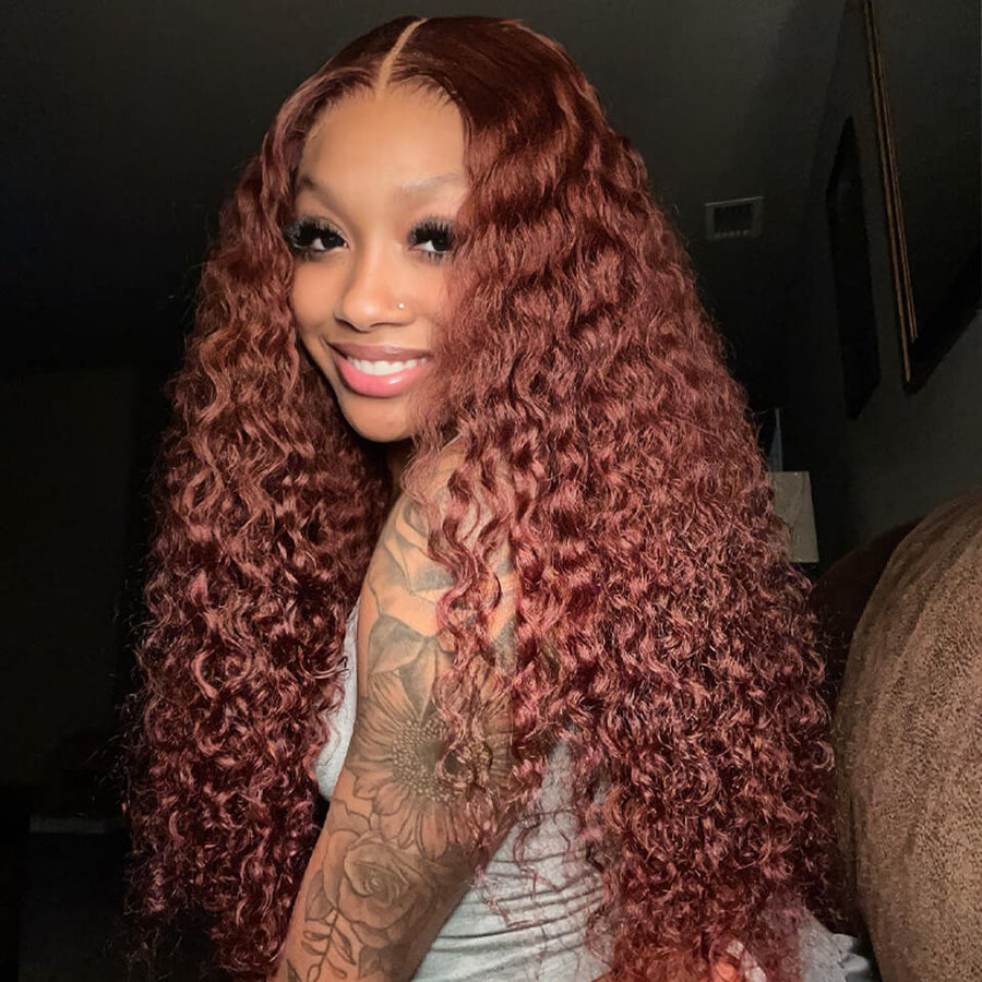 Reddish Brown Deep Wave Wear Go Wig 6x4 Lace Closure 180% Wig Daily Sale