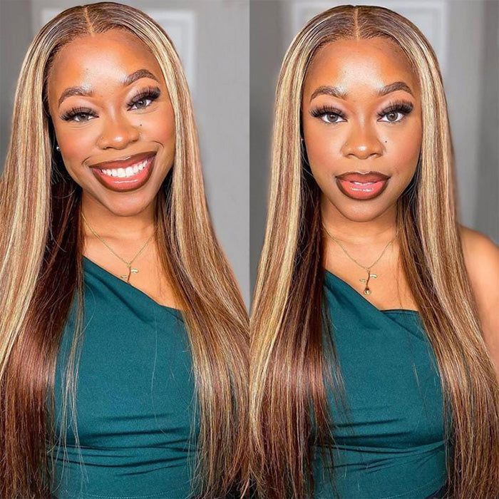 Brown Highlight Straight 13x4 Lace Frontal Wig 180% Density Color Wig Daily Sale