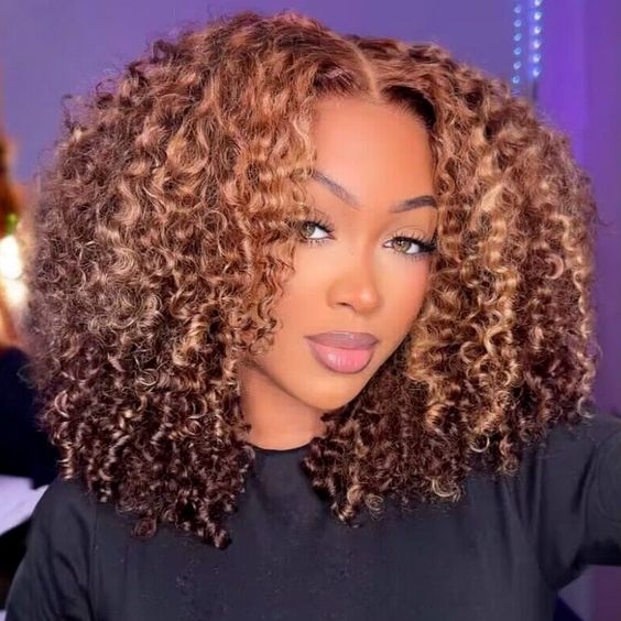 Brown Highlight Kinky Curly 4x4 180% Density Lace Closure Color Wig Daily Sale