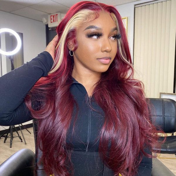 Skunk Strip Straight Burgundy 99J and Blonde 613 13x4 Lace Frontal Wig Color Wig 180% Density Daily Sale