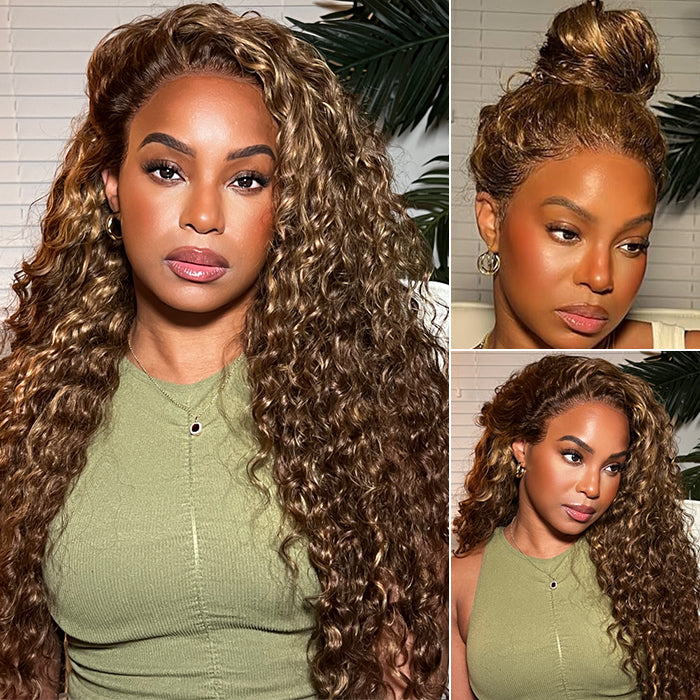 360 Lace Brown Highlight Water Wave Invisi Draw String Wear Go Wig Pre-everything Back 2 School Sale