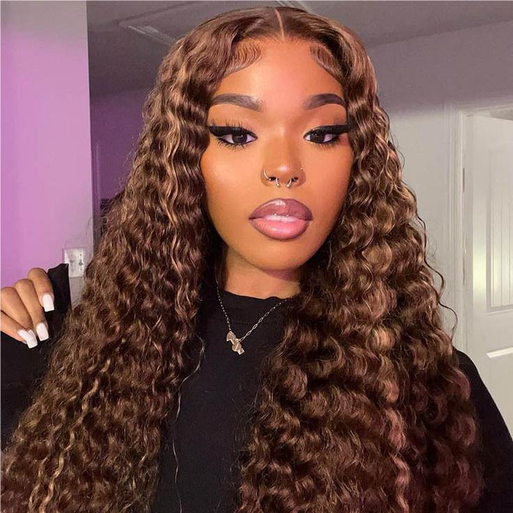 Brown Highlight Water Wave Wear Go Wig 6x4 Lace Closure 180% Color Glueless Wig | BGMgirl Hair