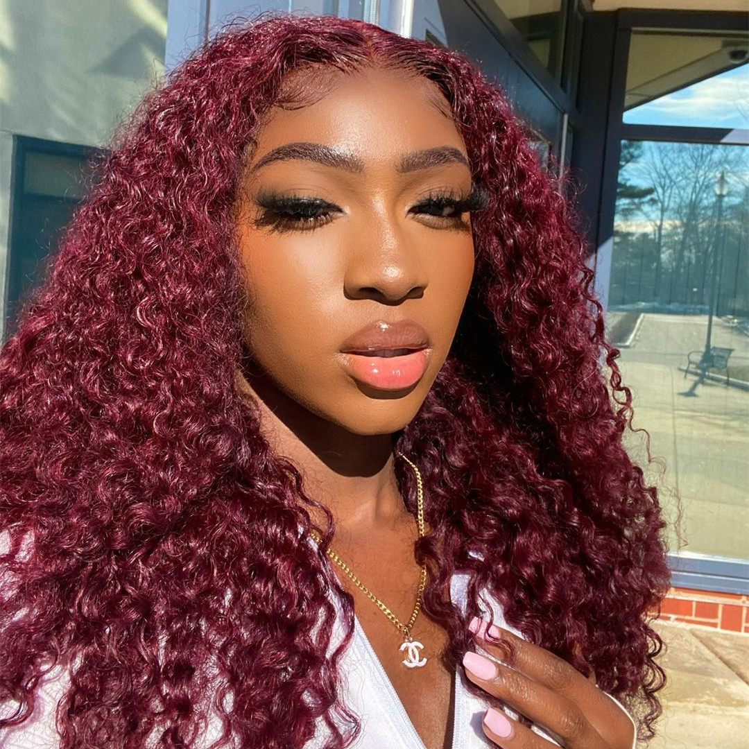 Burgundy 99J Water Wave 13x4 Lace Frontal Wig 180% Density Color Wig Daily Sale