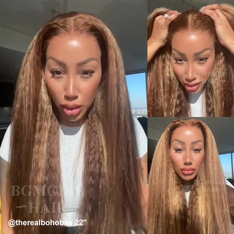 Brown Highlight Kinky Straight Lace Closure Glueless  Wig