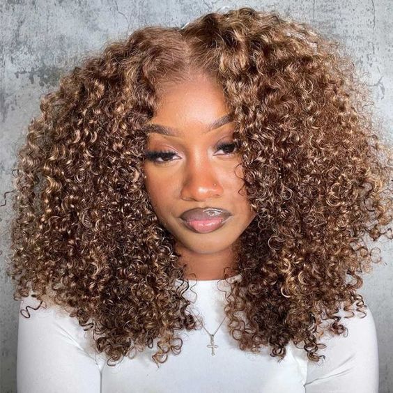 Brown Highlight Kinky Curly 4x4 180% Density Lace Closure Color Wig Daily Sale