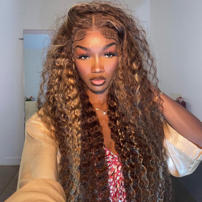 Highlight Deep Wave Honey Blonde Lace Closure Wig