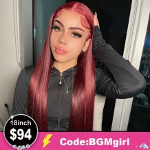 99J Burgundy Straight 18inch 150% Density Lace Front Color Wig Transparent Lace Wig Clearance Sale | BGMgirl