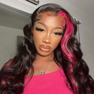 Skunk Stripe Pink Straight Colored Lace Front Wig | BGMgirl