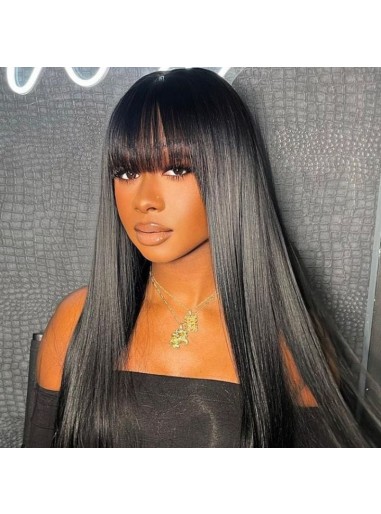 Straight Wig With Bangs Non Lace Wig Human Hair 180% Density Machine Made Wig 2024 Clearance