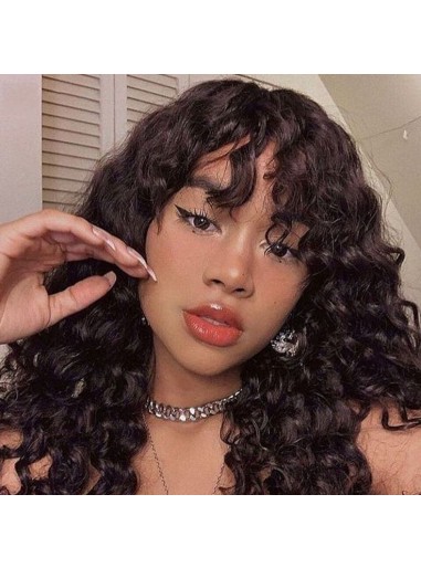 Loose Deep Wave Wig With Bangs Non Lace Wig Human Hair 180% Density Machine Made Wig 2024 Clearance