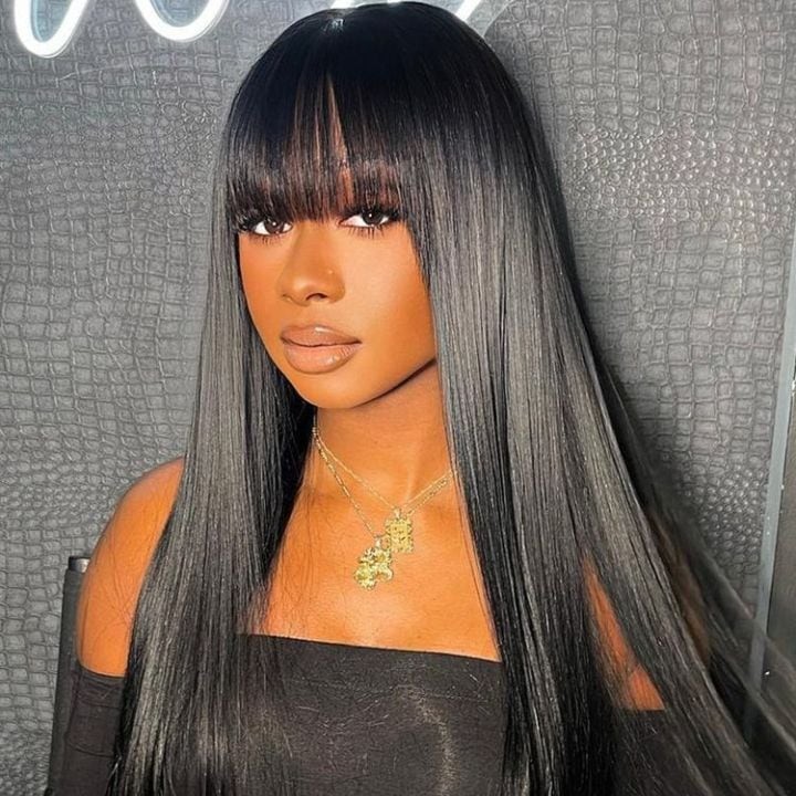 Straight Wig With Bangs Non Lace Wig Human Hair 180% Density Machine Made Wig 2024 Clearance