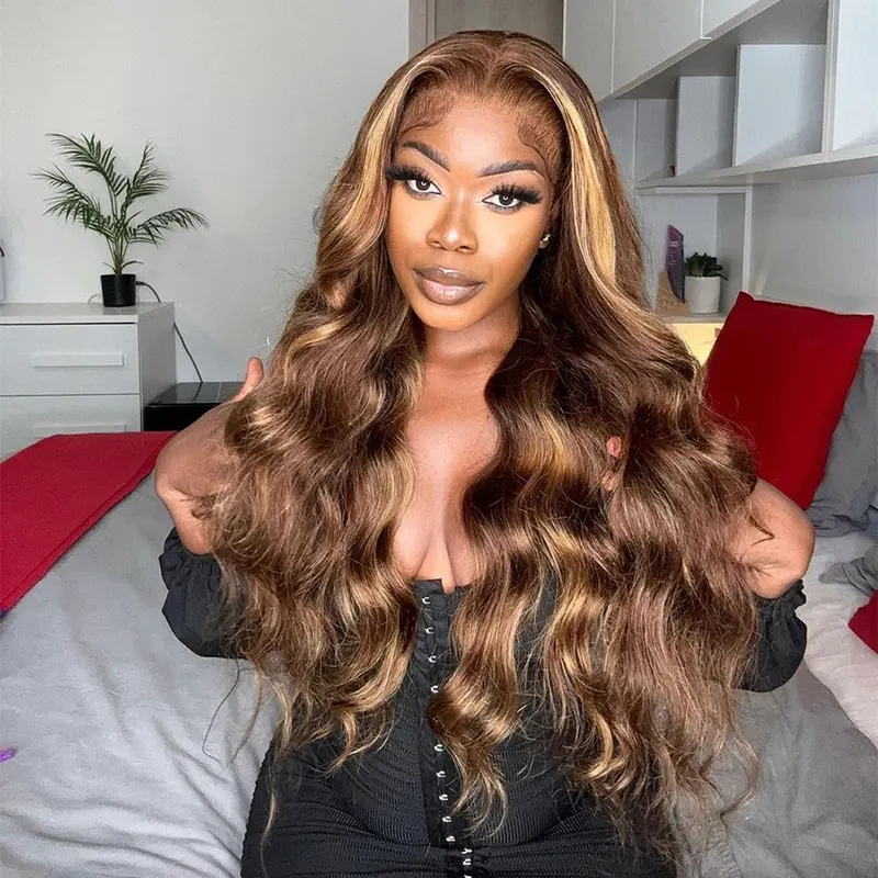 Brown Highlight Body Wave 6x4 Lace Closure  Glueless Wig