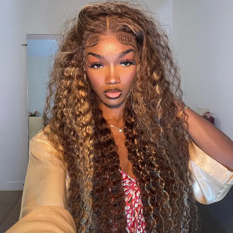 Brown Highlight Color Deep Wave 13x4 Lace Front Wig 180% Density Fall Specials