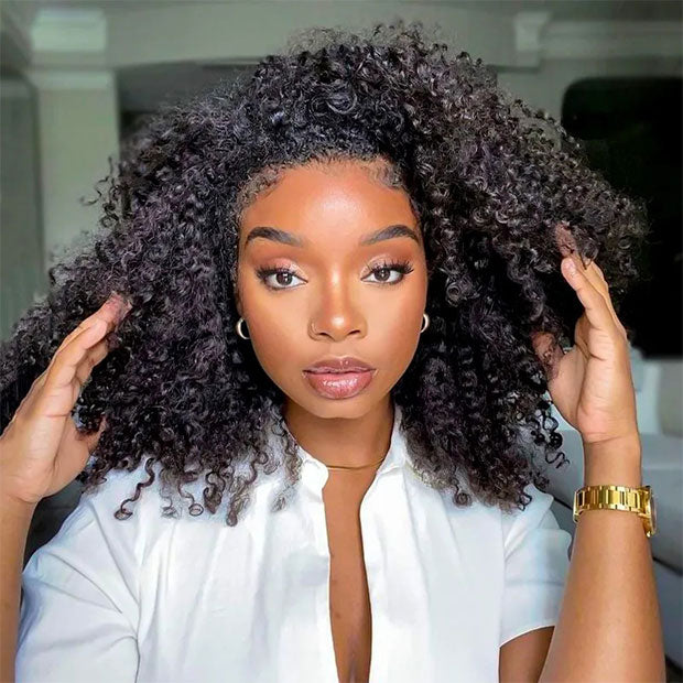 US ONLY | Afro Curly 3 In 1 Half Wig Drawstring Band Wear Go Wig Invisible Hairline 