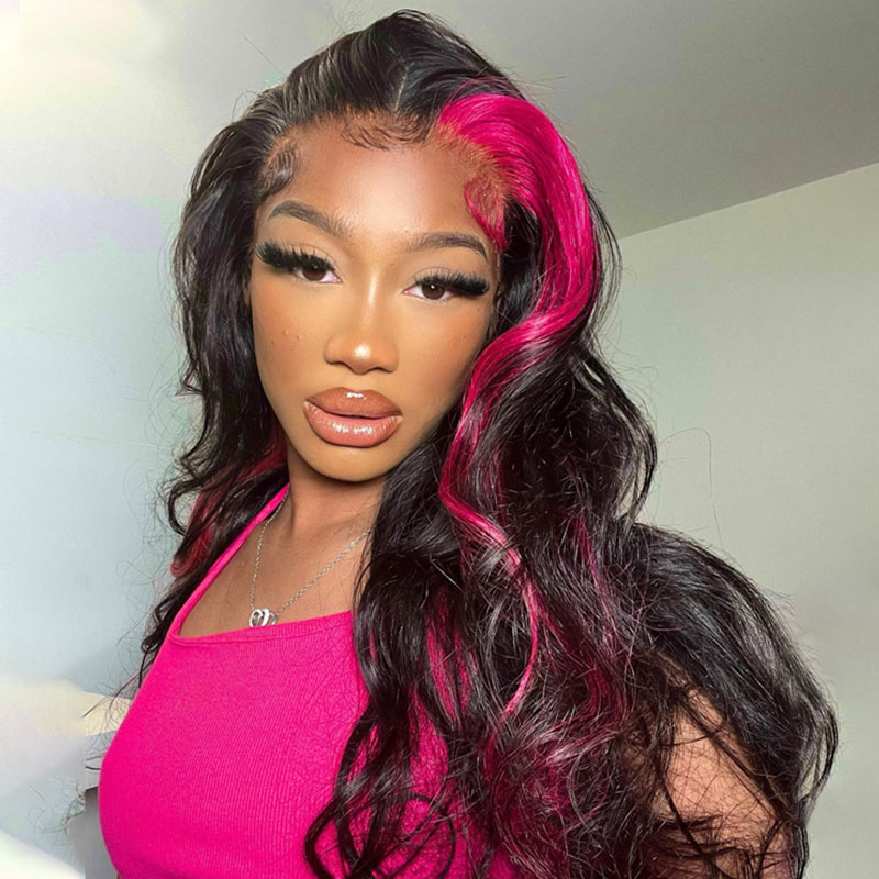 Skunk Stripe Pink Straight Colored Lace Front Wig