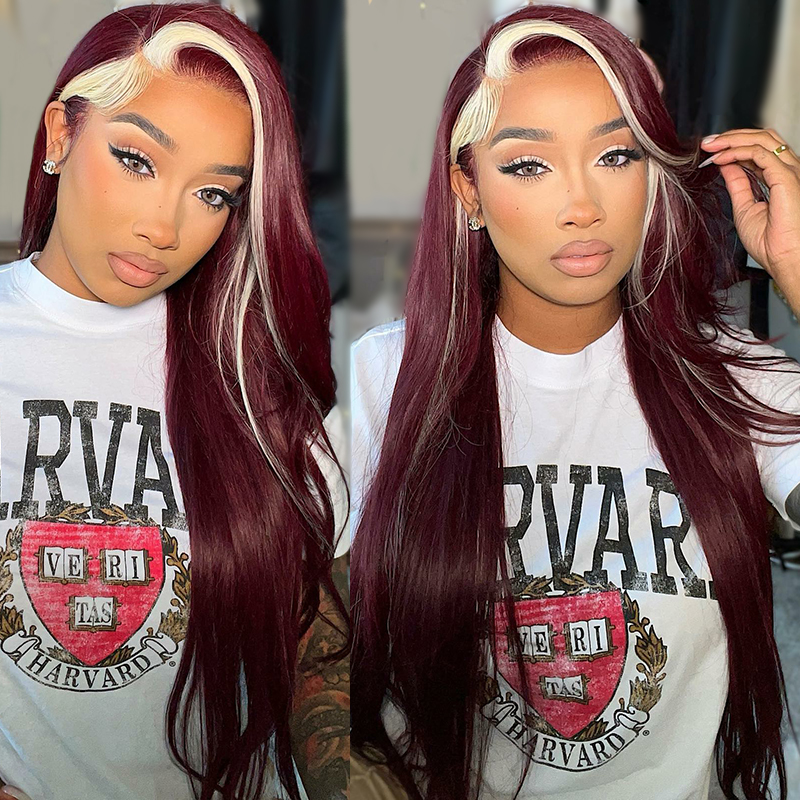 Skunk Strip Straight Burgundy 99J and Blonde 613 13x4 Lace Frontal Wig Color Wig 180% Density Daily Sale