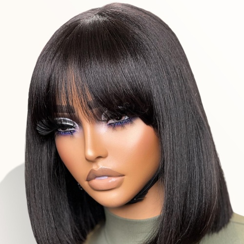 $61 Bob Straight Wig With Bangs Human Hair 180% Glueless Wig 2025 US Only