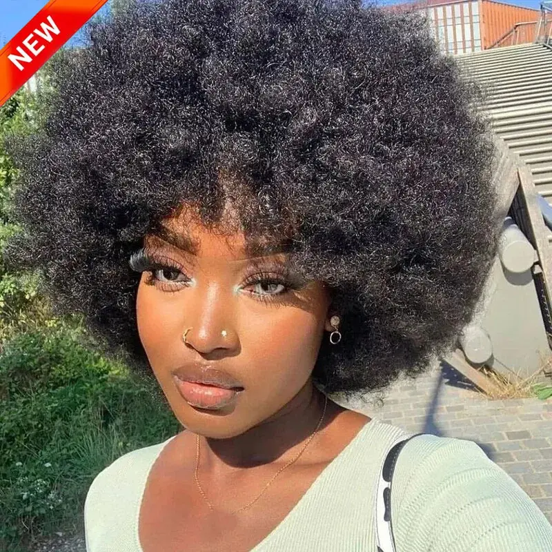 Short Curly Afro Curly Wig Fluffy Wig 200% Density Machine Made Glueless Human Hair Wig | BGMgirl Hair