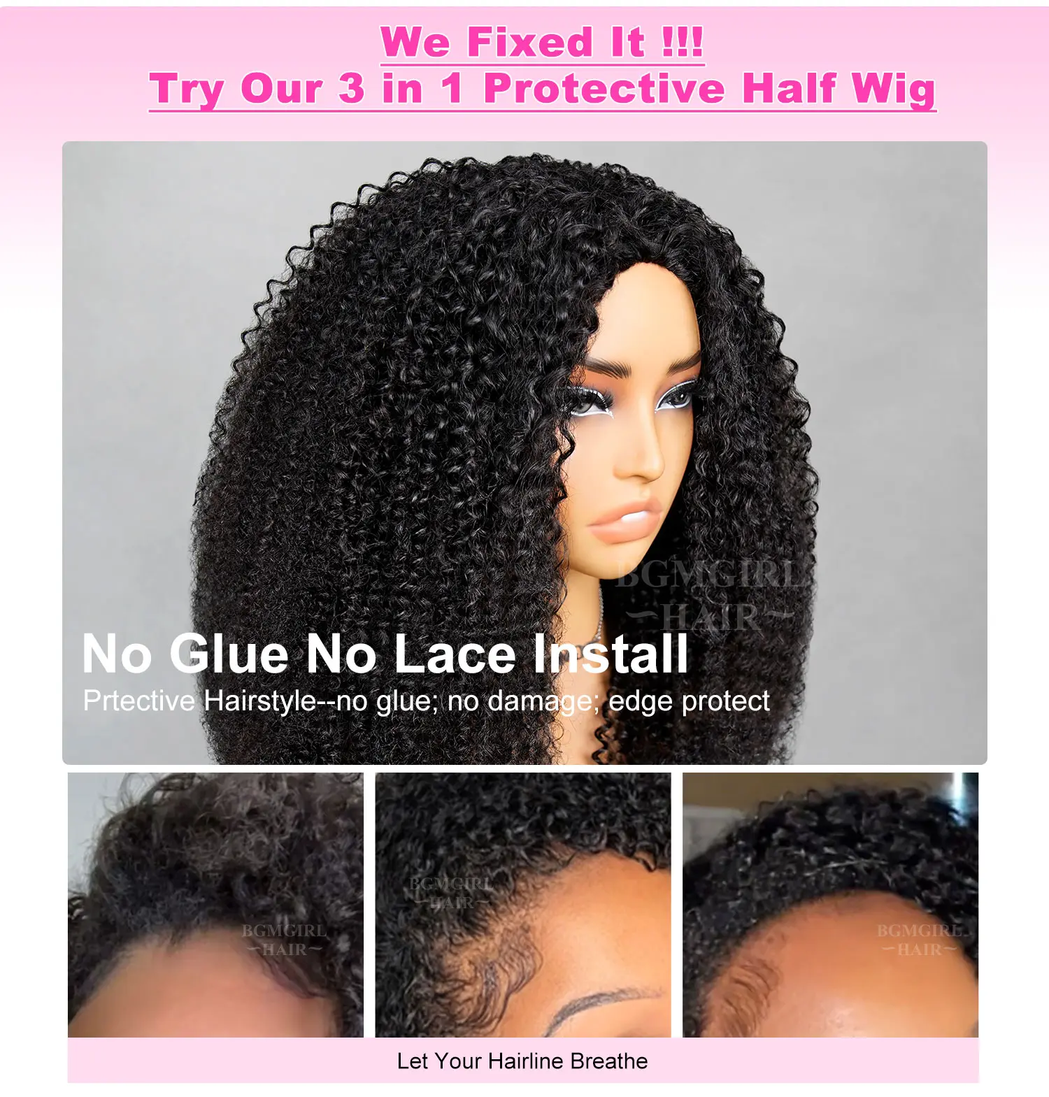 3 in 1 half afro curly wig