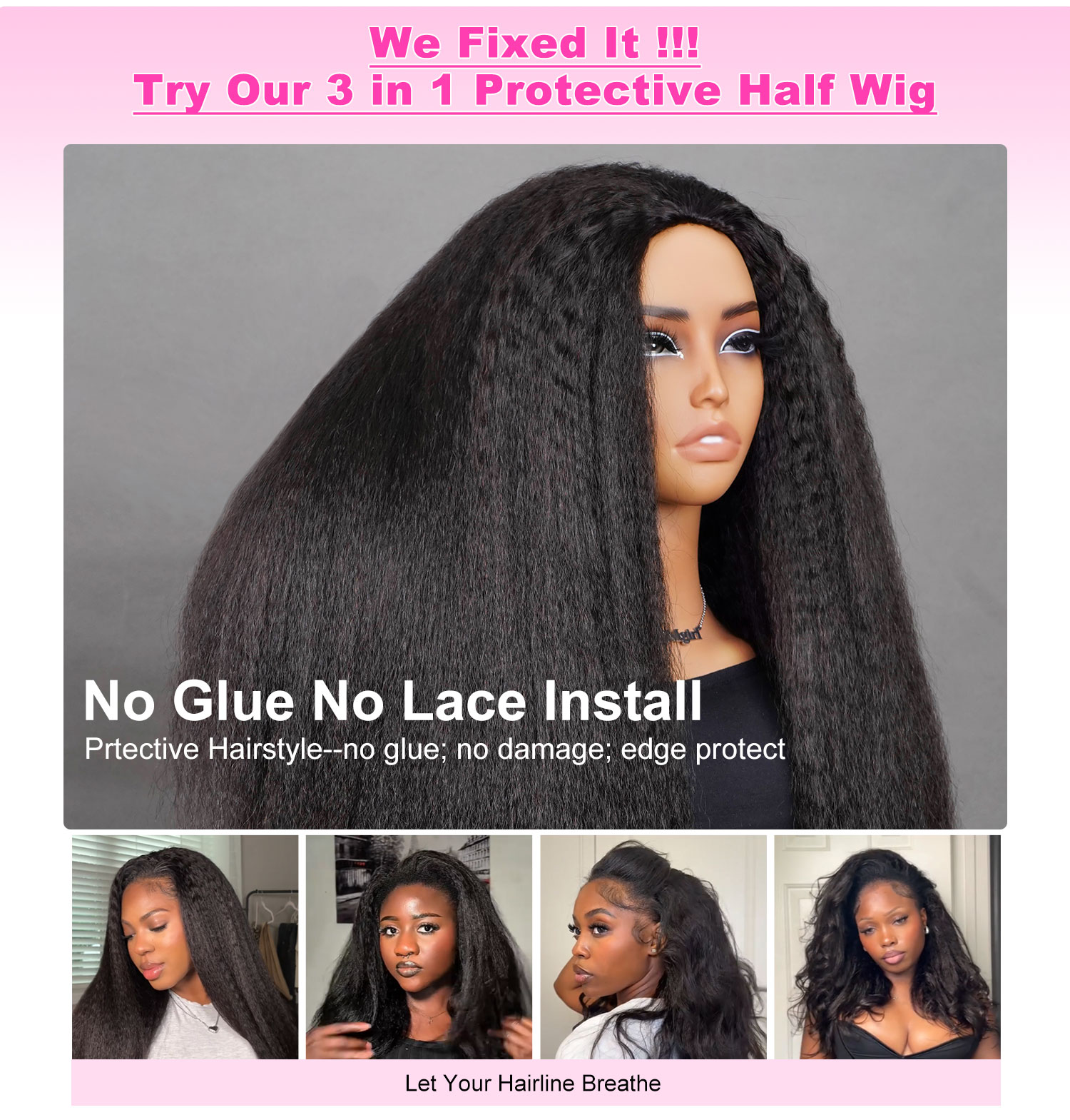 3 in 1 half kinky straight wig